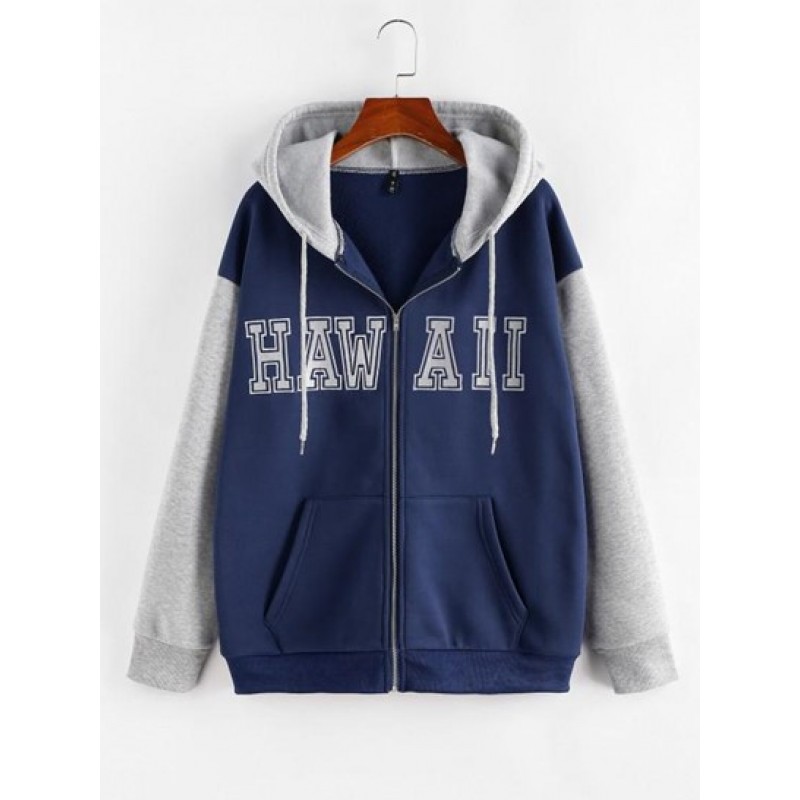 Colorblock Letter Embroidered Zip Up Hoodie