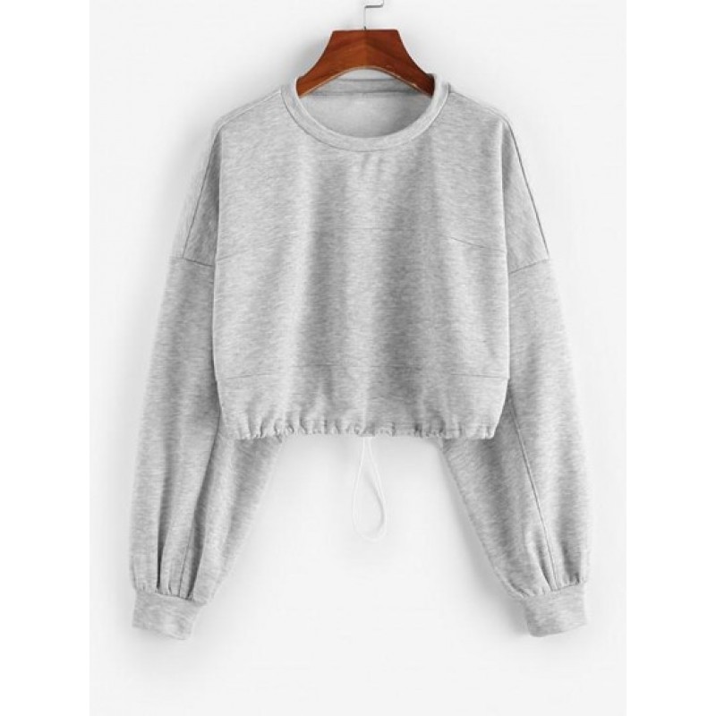 Drop Shoulder Drawstring Waist Cropped Sweatshirt