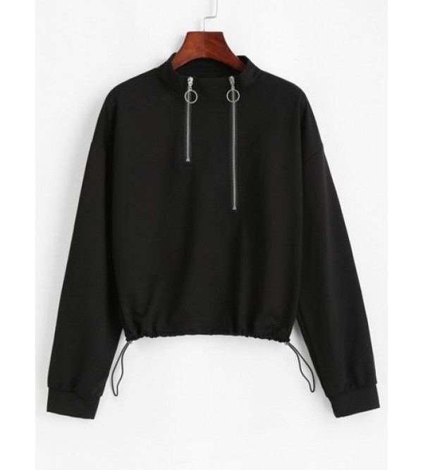 Zippered Front Toggle Drawstring Hem Sweatshirt