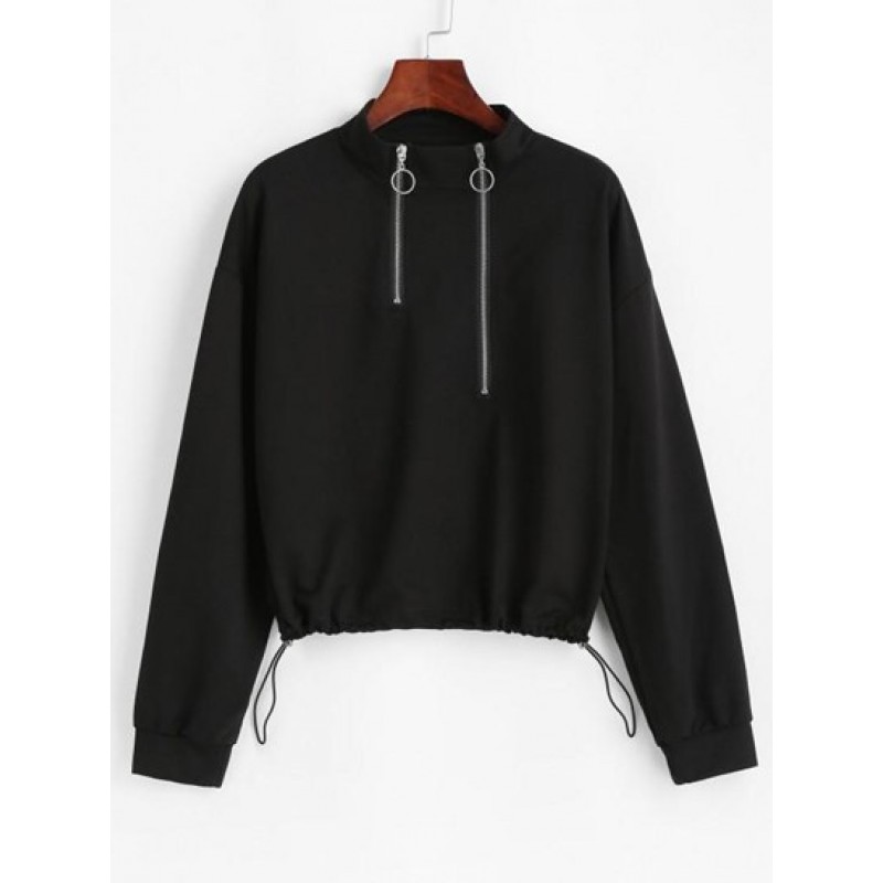 Zippered Front Toggle Drawstring Hem Sweatshirt