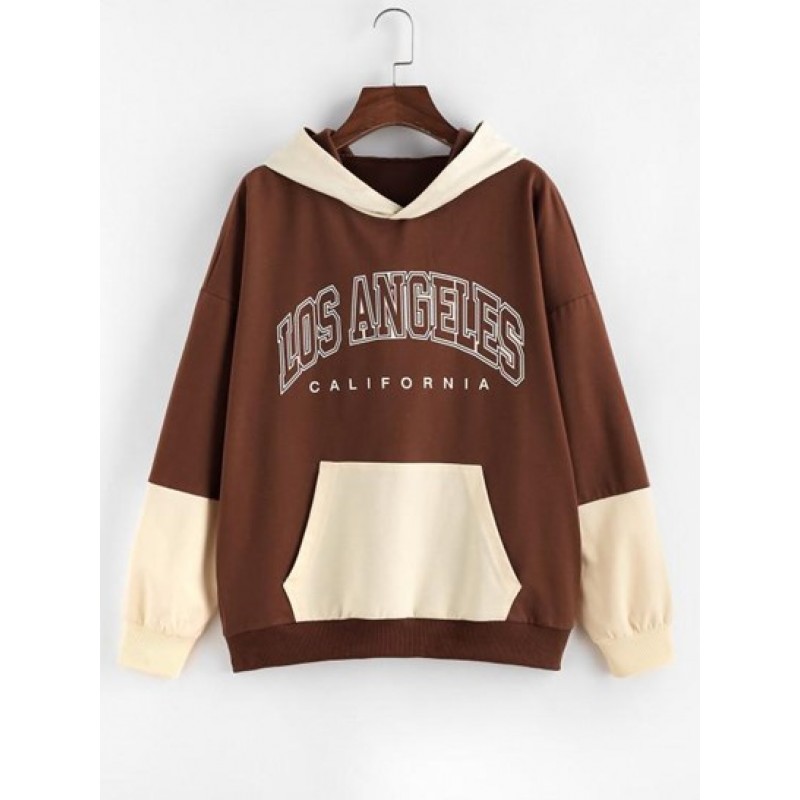 Drop Shoulder Colorblock Letter Print Hoodie