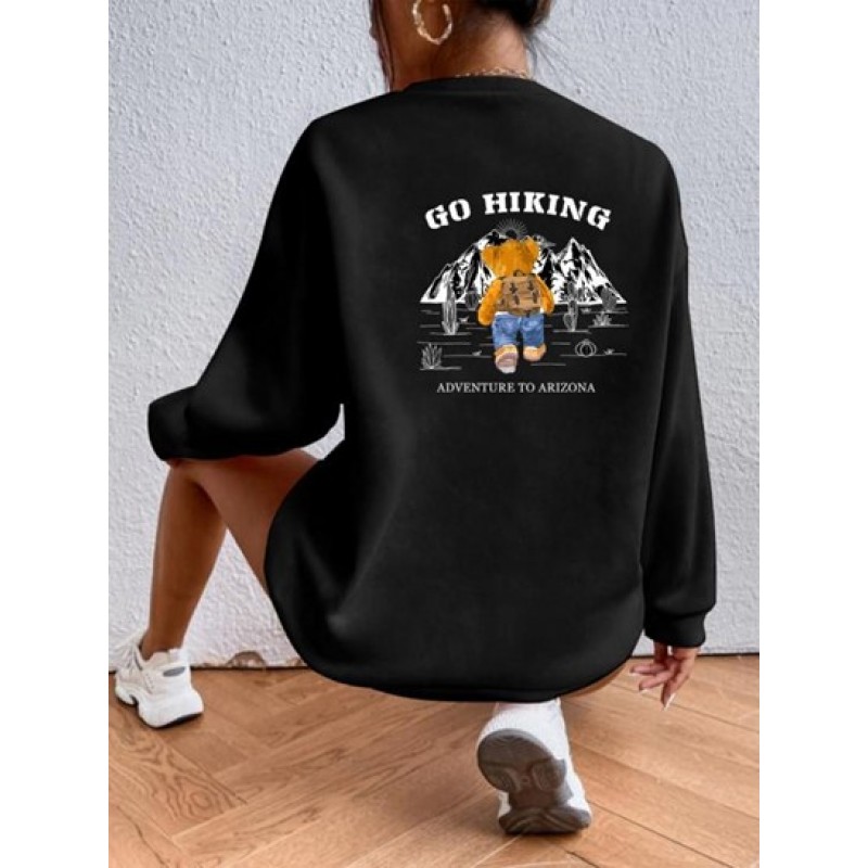 Hiking Bear Print Pullover Sweatshirt