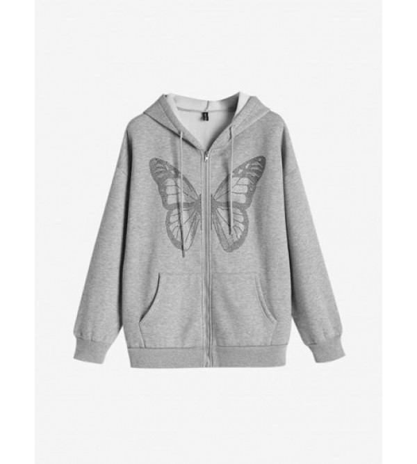 Pockets Zip Up Butterfly Rhinestones Hoodie