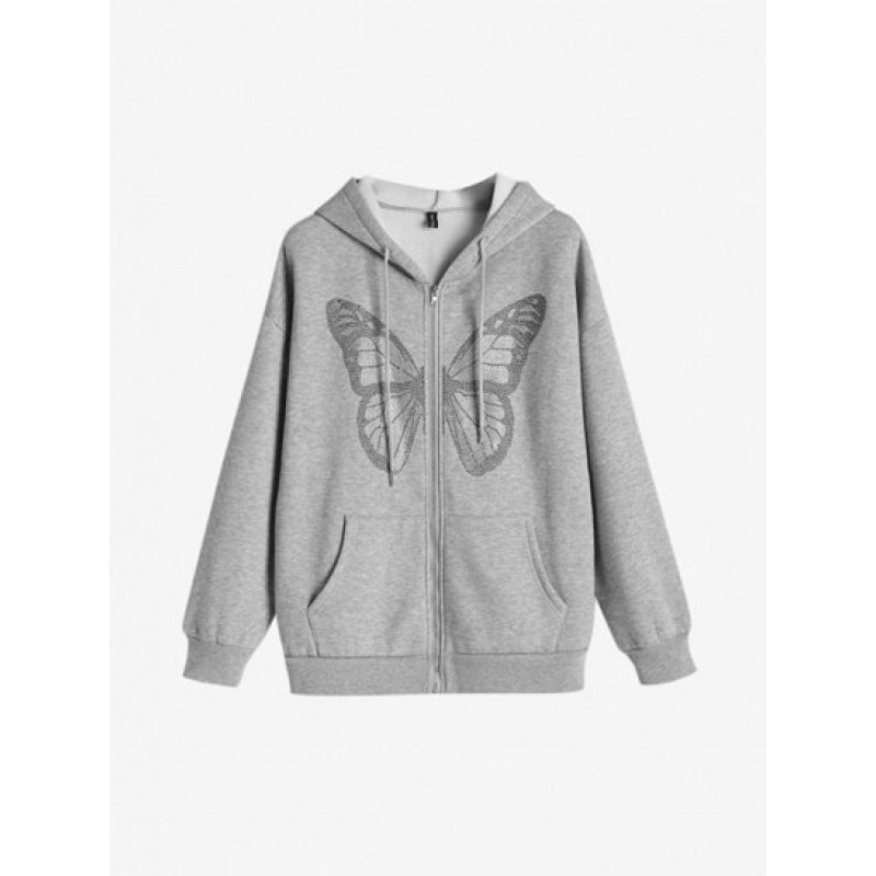 Pockets Zip Up Butterfly Rhinestones Hoodie