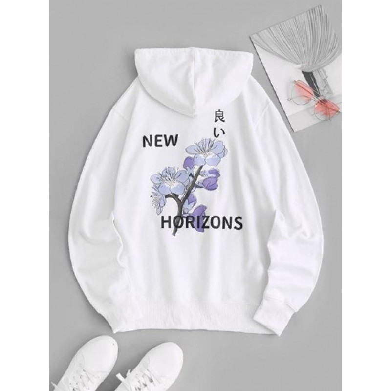 Cotton Flower Graphic Kangaroo Pocket Hoodie