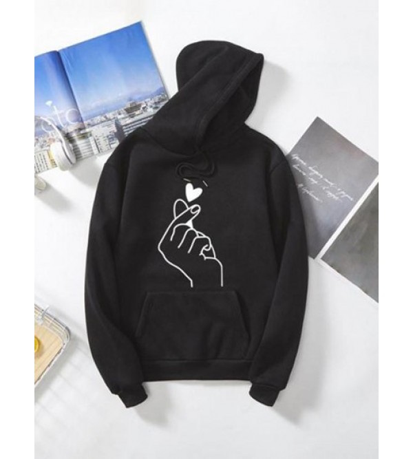 Heart Fingers Print Drop Shoulder Thermal Lined Hoodie