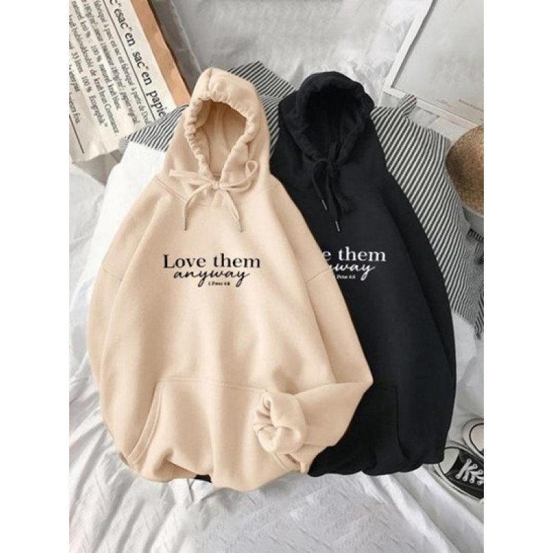 Slogan Print Drop Shoulder Thermal Lined Hoodie