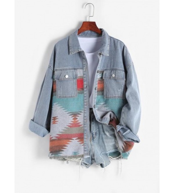 Ethnic Printed Denim Panel Loose Jacket