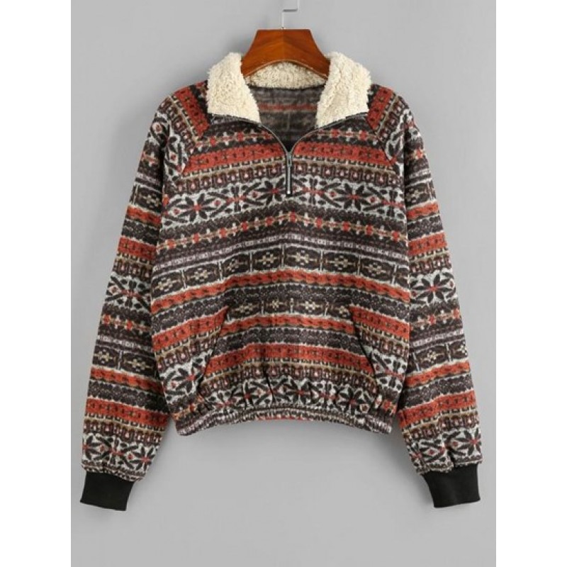 Tribal Faux Shearling Collar Quarter Zip Sweatshirt