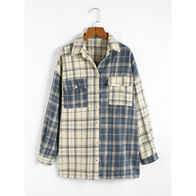 Plaid Colorblock Drop Shoulder Pocket Shacket