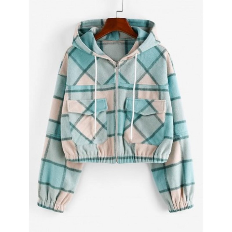 Woolen Plaid Pocket Hooded Jacket