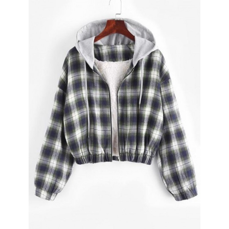 Fuzzy Flannel Hooded Faux Shearling Lined Plaid Jacket