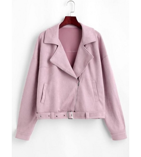 Zip Up Belted Faux Suede Jacket