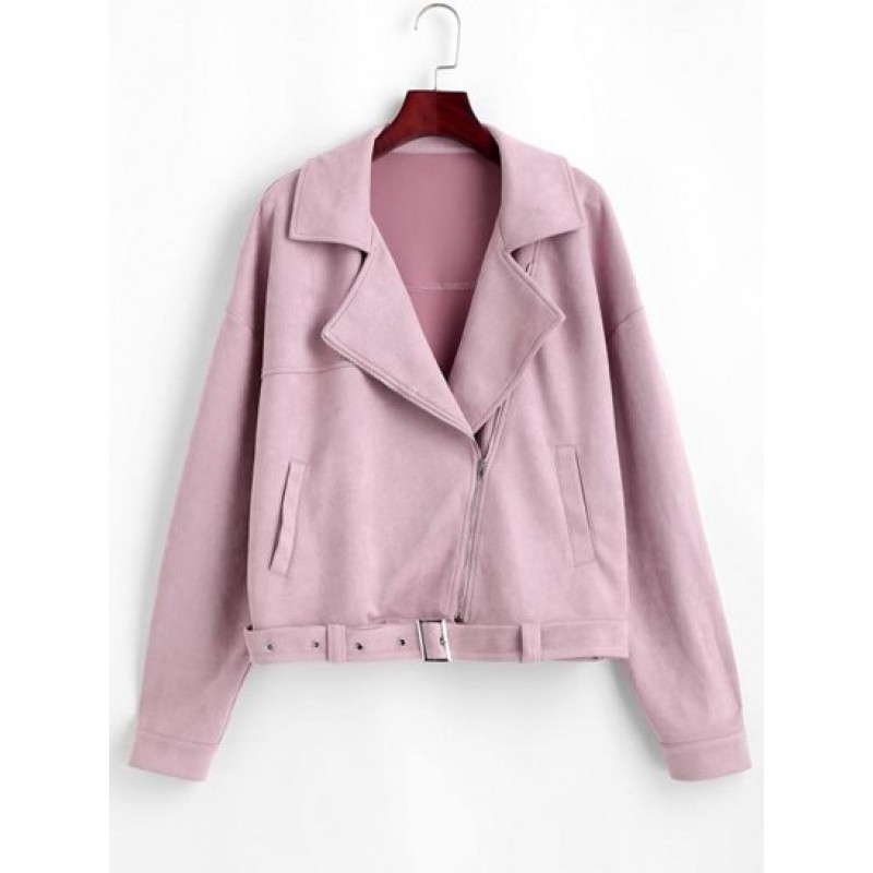 Zip Up Belted Faux Suede Jacket