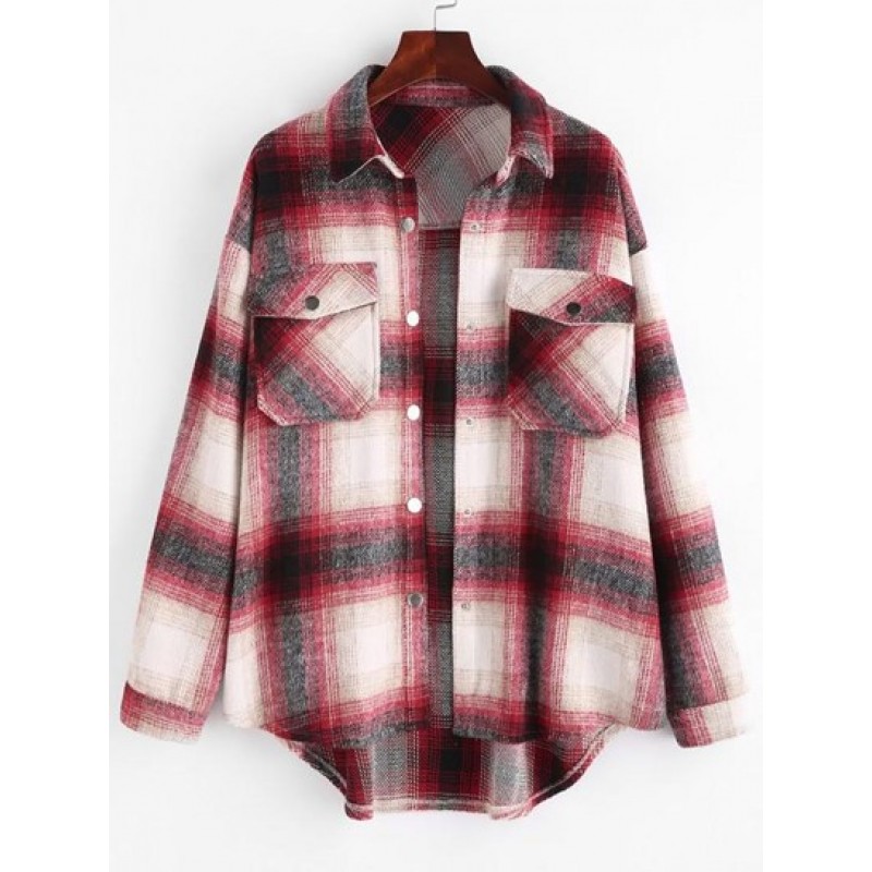 Plaid Flap Pocket Curved Hem Shirt Jacket