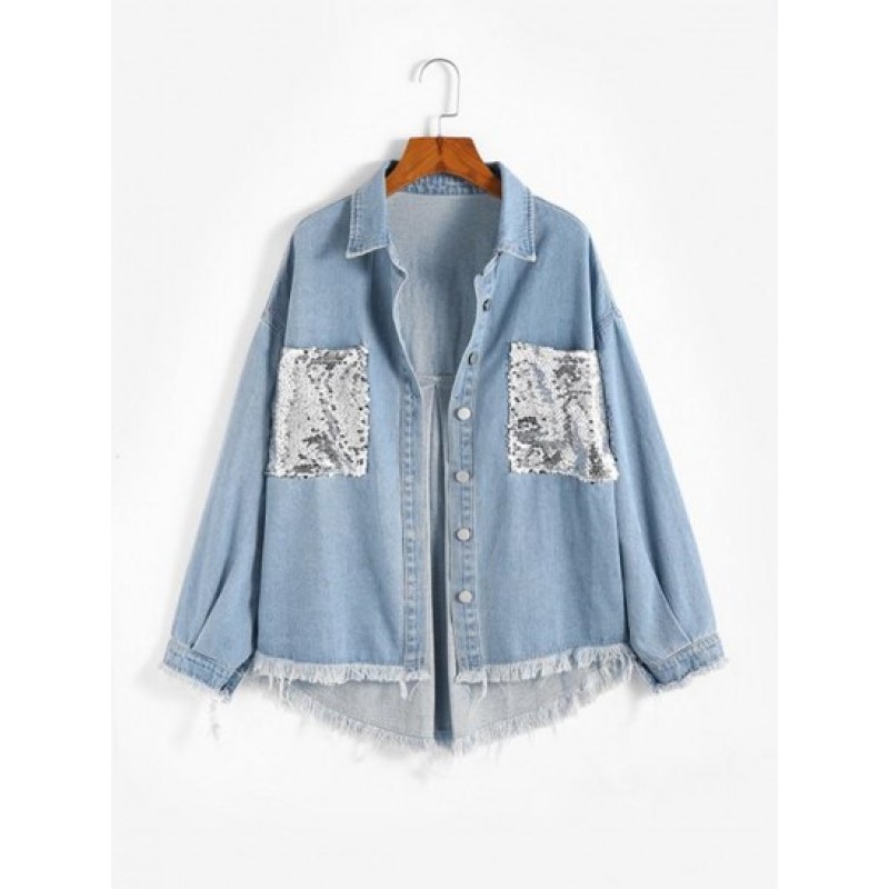 Frayed Front Pockets Sequined Denim Jacket