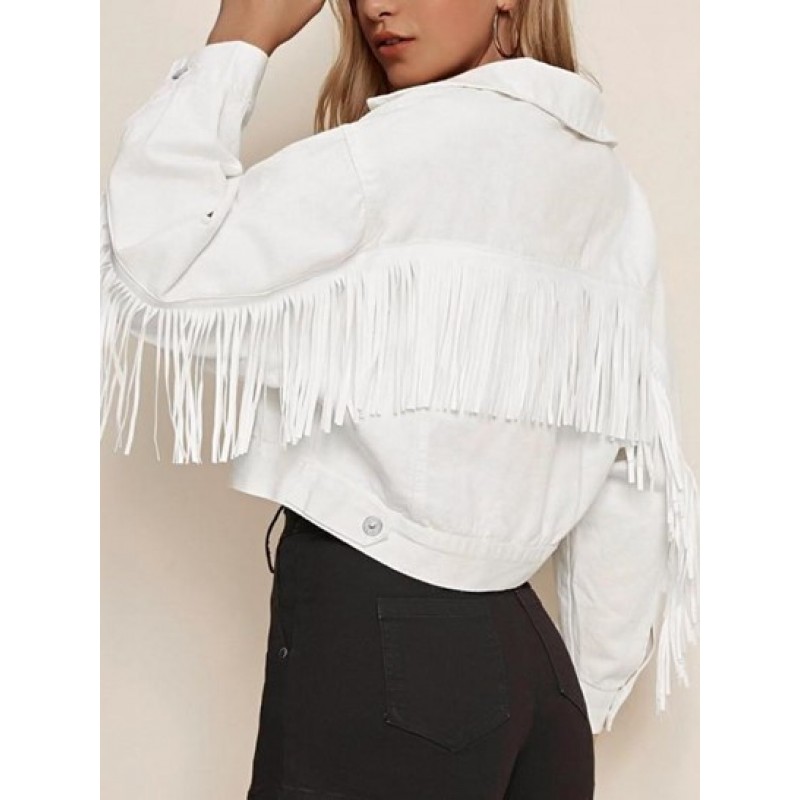 Button Up Fringed Back Denim Jacket