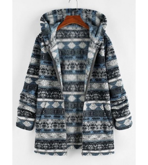 Ethnic Faux Shearling Zip Hooded Coat