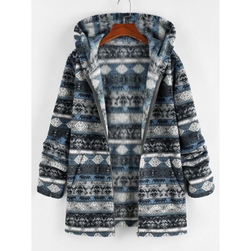 Ethnic Faux Shearling Zip Hooded Coat
