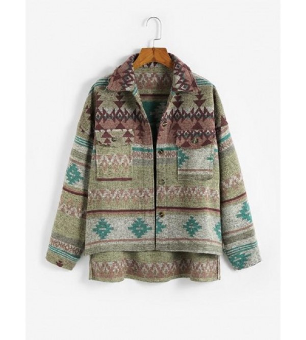 Ethnic Aztec Print Cargo Pockets High Low Jacket