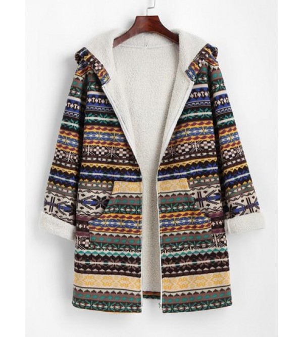 Tribal Print Zip Up Fleece Lined Coat