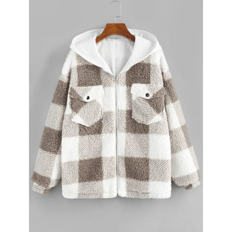 Plaid Hooded Pocket Drop Shoulder Teddy Coat