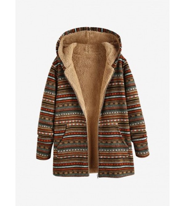 Ethnic Print Faux Fur Lined Hooded Zip Coat