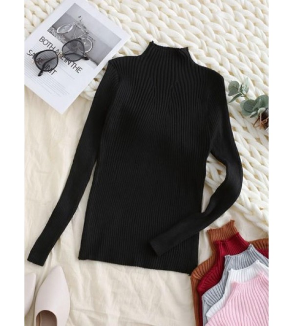 Pullover Mock Neck Plain Slim Sweater