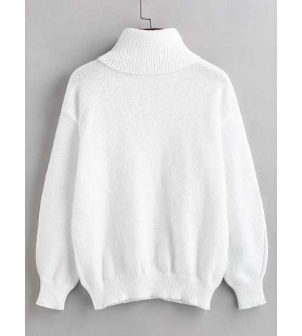 Turtleneck Pointelle Knit Drop Shoulder Plain Sweater