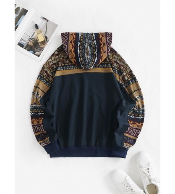 Front Pocket Drawstring Ethnic Printed Hoodie