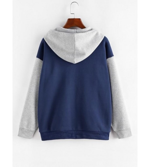 Colorblock Letter Embroidered Zip Up Hoodie