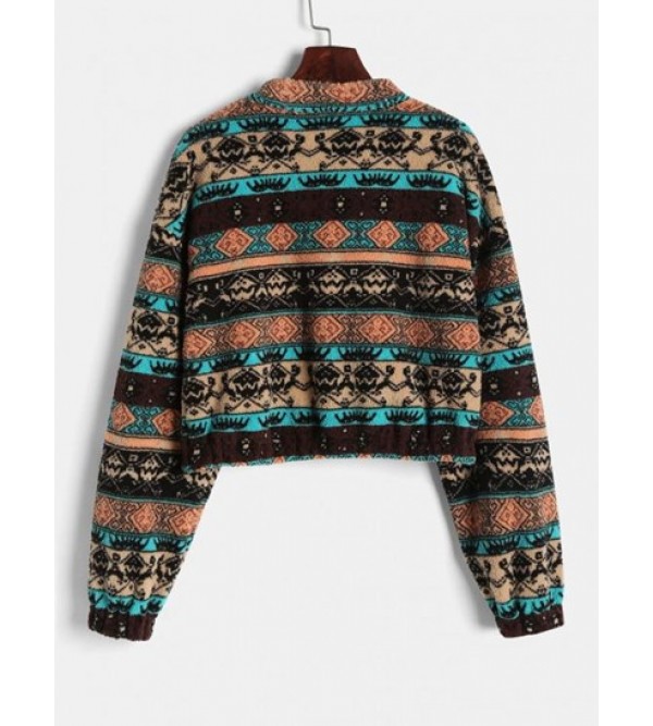 Half Zip Ethnic Graphic Faux Shearling Sweatshirt