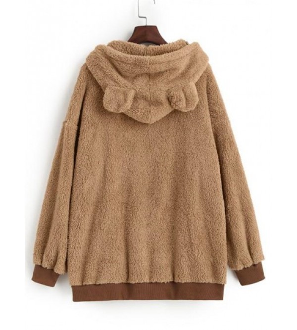 Faux Fur Bear Ear Pocket Fluffy Tunic Hoodie