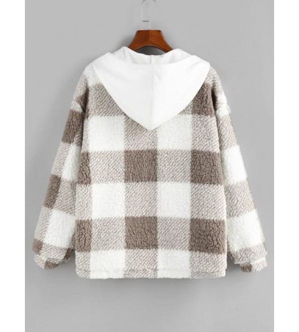 Plaid Hooded Pocket Drop Shoulder Teddy Coat