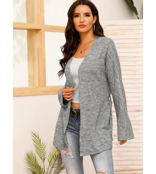 V Neck Belted Heathered Cardigan