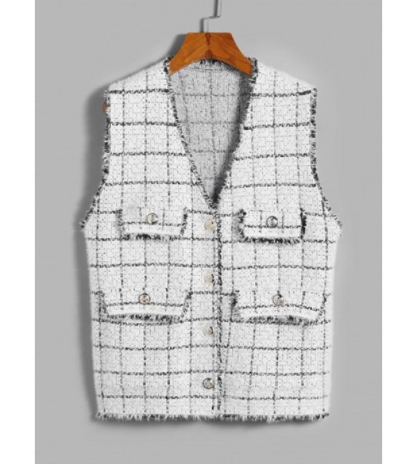 Plaid Frayed Flap Detail Vest Cardigan