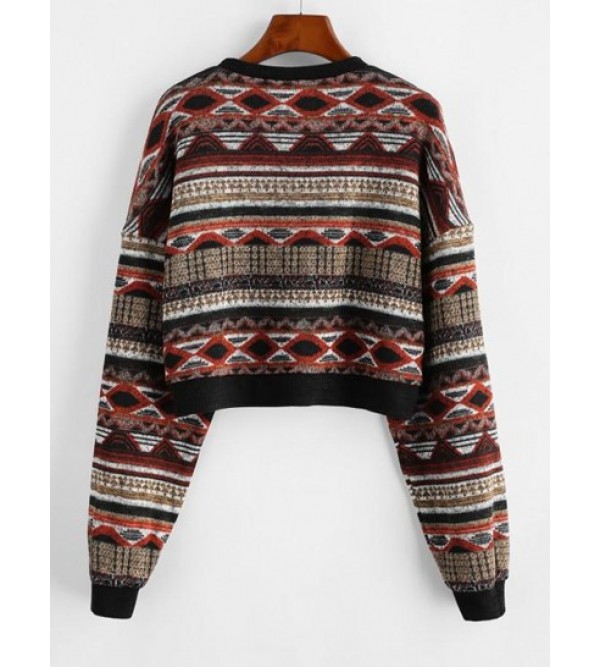 Drop Shoulder Crew Neck Tribal Graphic Sweater