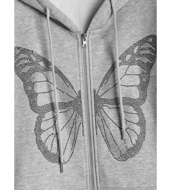 Pockets Zip Up Butterfly Rhinestones Hoodie