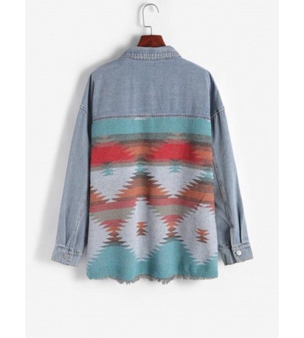 Ethnic Printed Denim Panel Loose Jacket