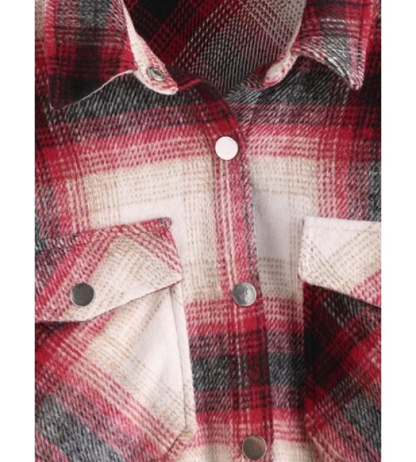 Plaid Flap Pocket Curved Hem Shirt Jacket