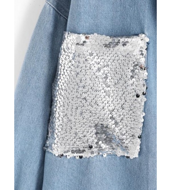 Frayed Front Pockets Sequined Denim Jacket