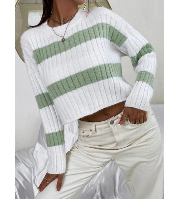 Crewneck Two Tone Striped Fuzzy Sweater