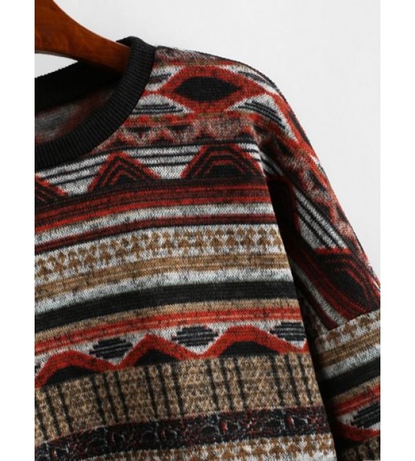 Drop Shoulder Crew Neck Tribal Graphic Sweater