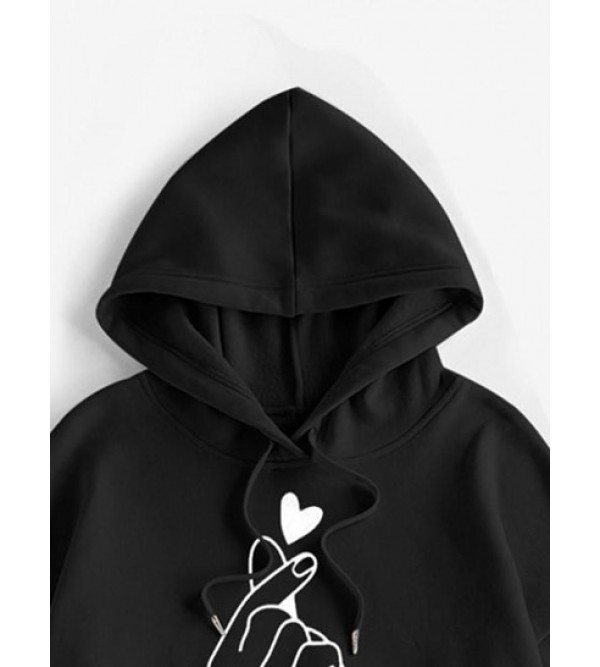 Heart Fingers Print Drop Shoulder Thermal Lined Hoodie