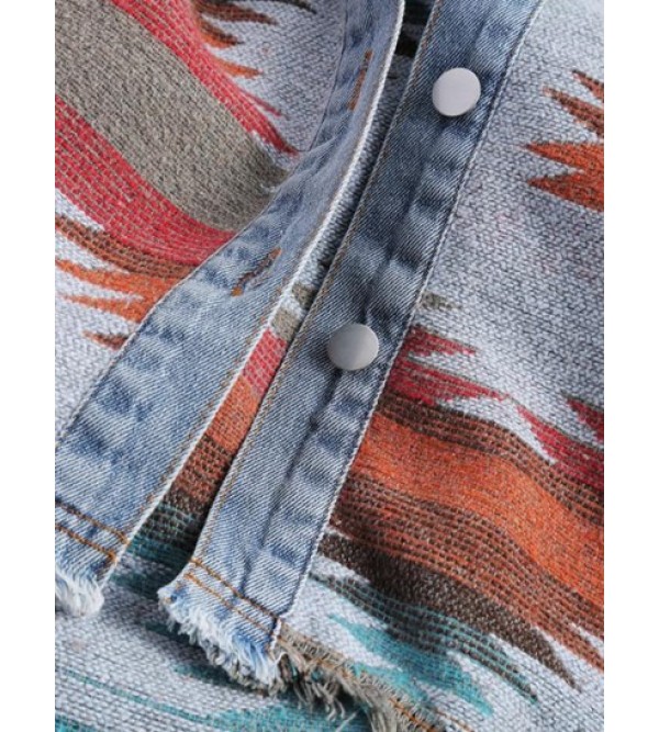 Ethnic Printed Denim Panel Loose Jacket