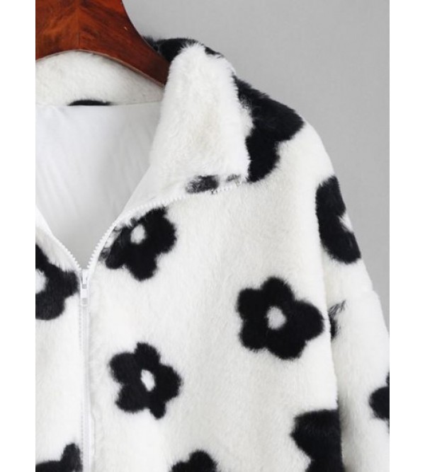 Fluffy Floral Graphic Faux Fur Jacket