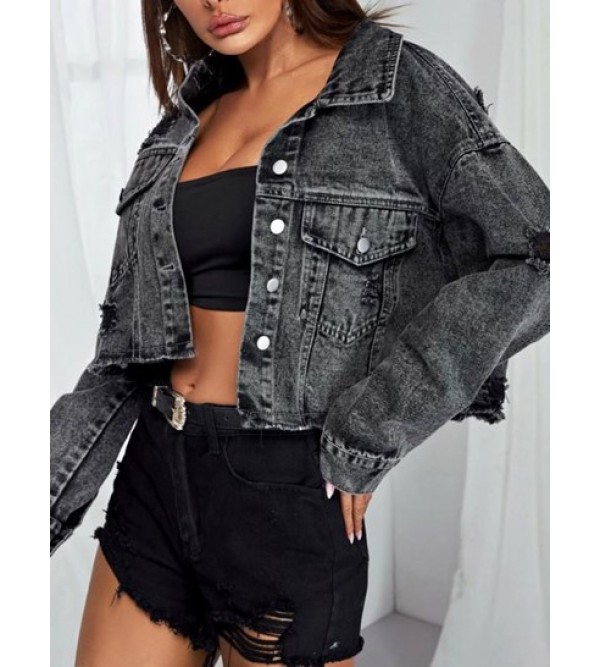 Distressed Frayed Drop Shoulder Denim Jacket